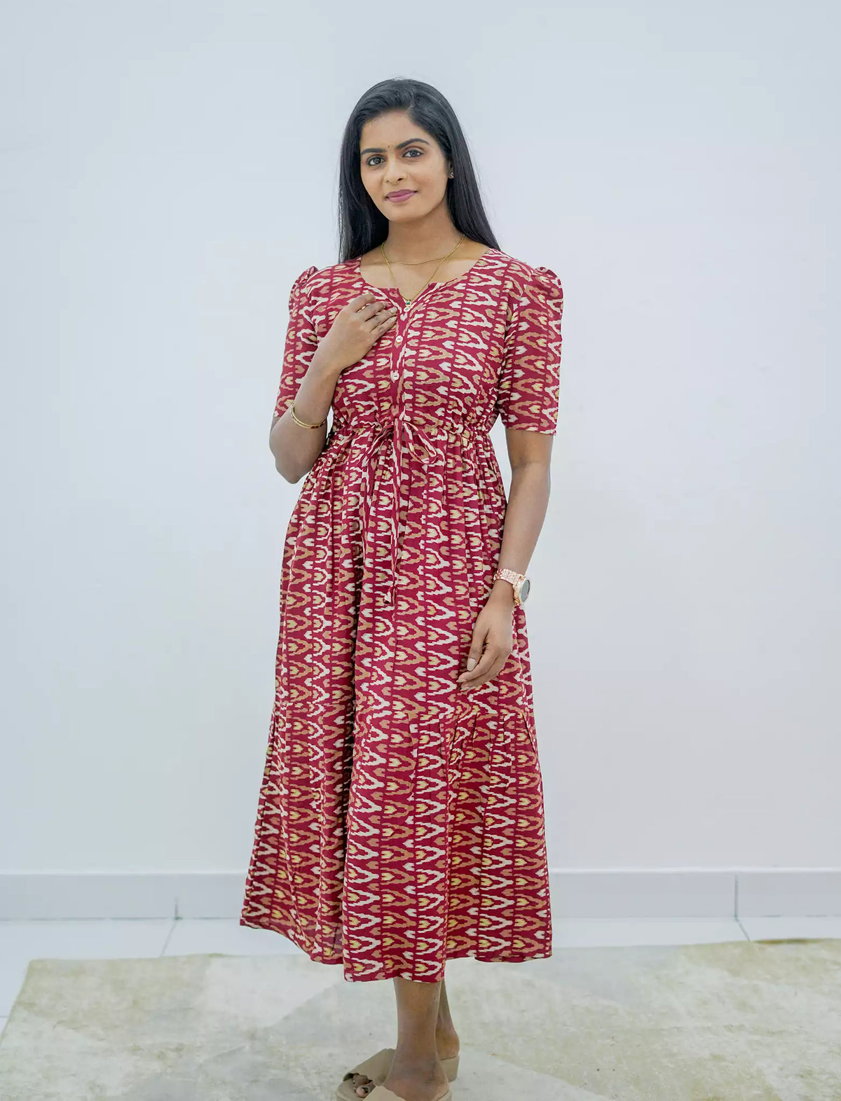 Rayon Foil Print Puff Sleeve Front Tie Gathering Maxi Frock | Mangai Nighties