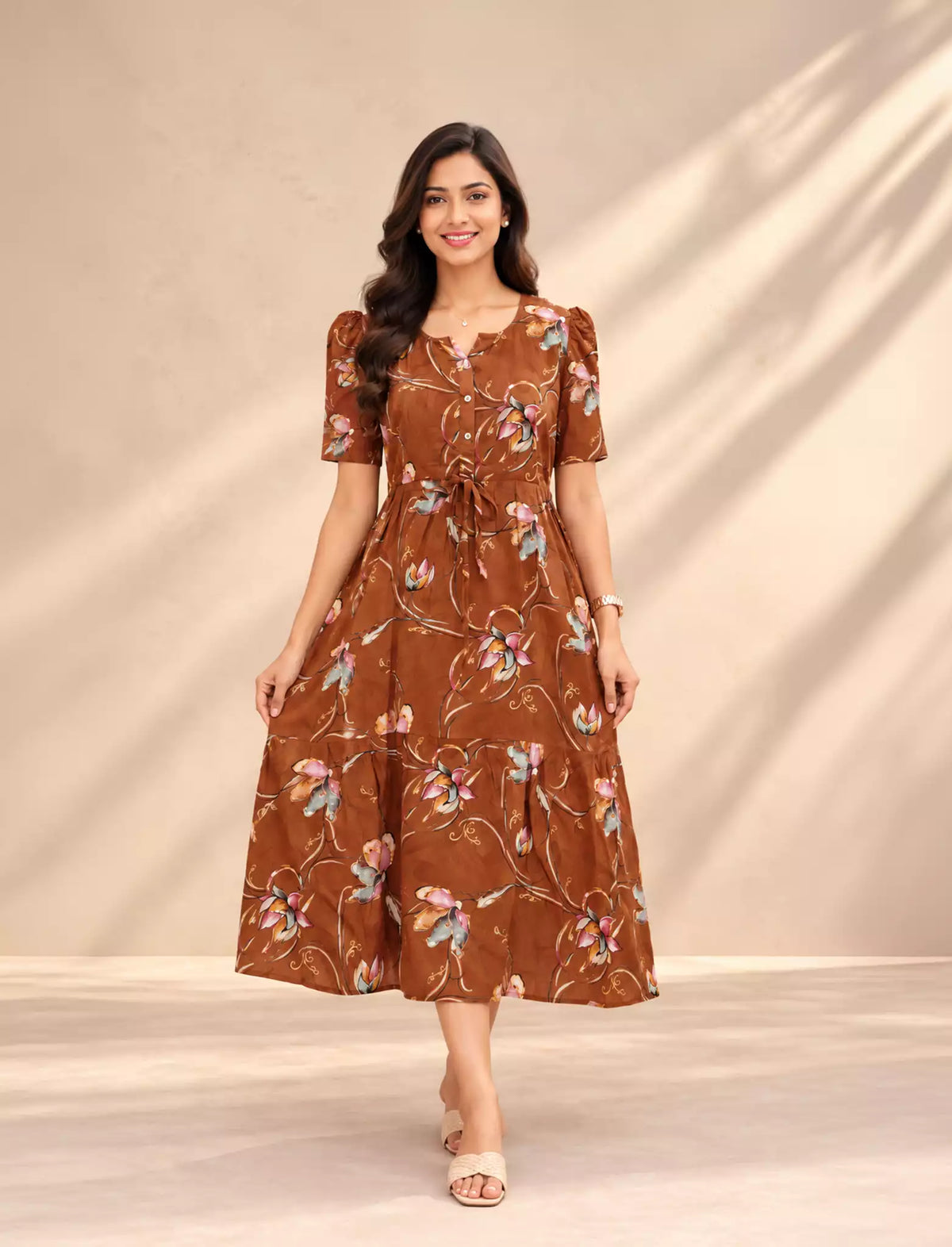 Rayon Floral Print Puff Sleeve Foil Gathering Maxi Frock | Mangai Nighties