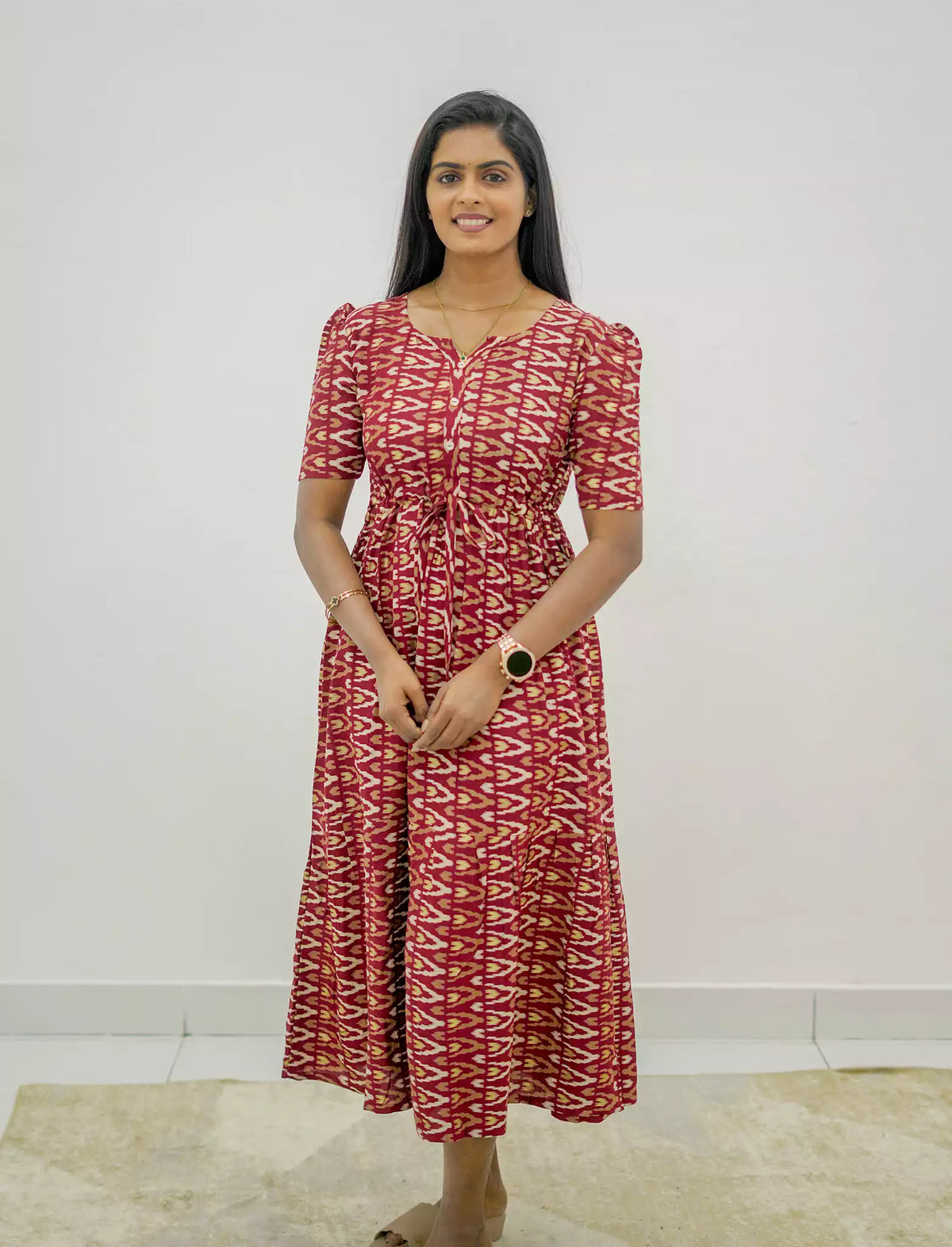 Rayon Foil Print Puff Sleeve Front Tie Gathering Maxi Frock | Mangai Nighties