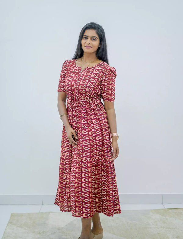 Rayon Foil Print Puff Sleeve Front Tie Gathering Maxi Frock | Mangai Nighties
