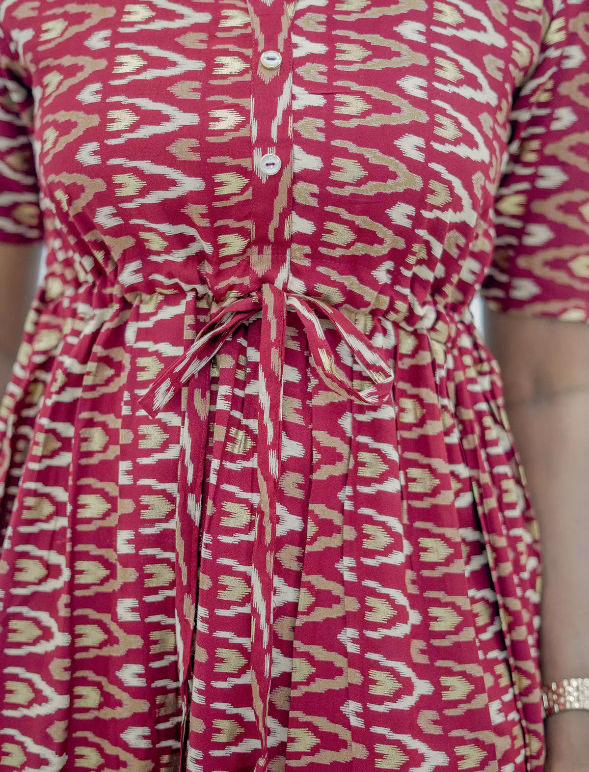 Rayon Foil Print Puff Sleeve Front Tie Gathering Maxi Frock | Mangai Nighties
