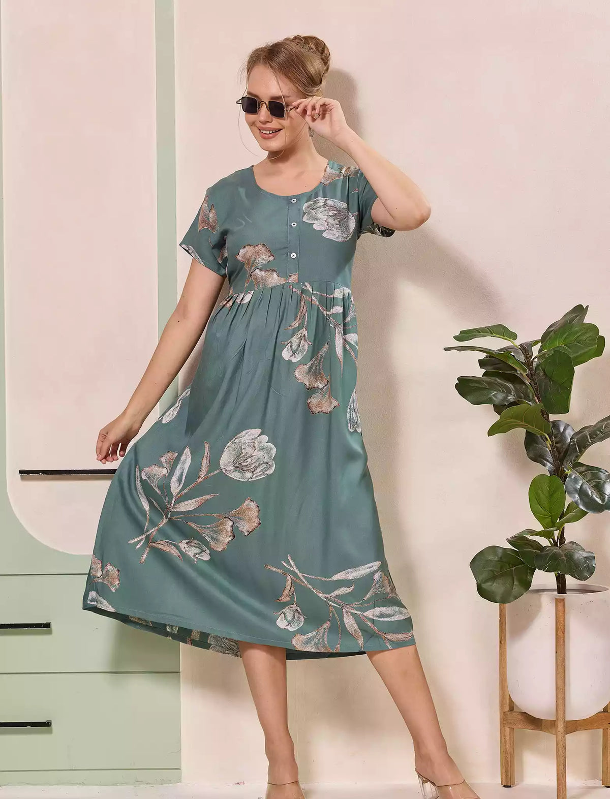 Floral Print Regular Sleeve Button Maxi Styling with Pocket | Mangai Nighties