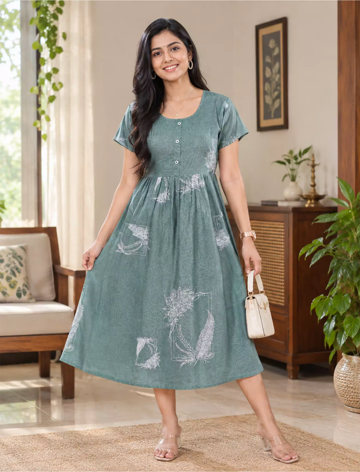Floral Leaf Print Regular Sleeve Flared Maxi Casual Style | Mangai Nighties