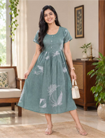 Floral Leaf Print Regular Sleeve Flared Maxi Casual Style | Mangai Nighties