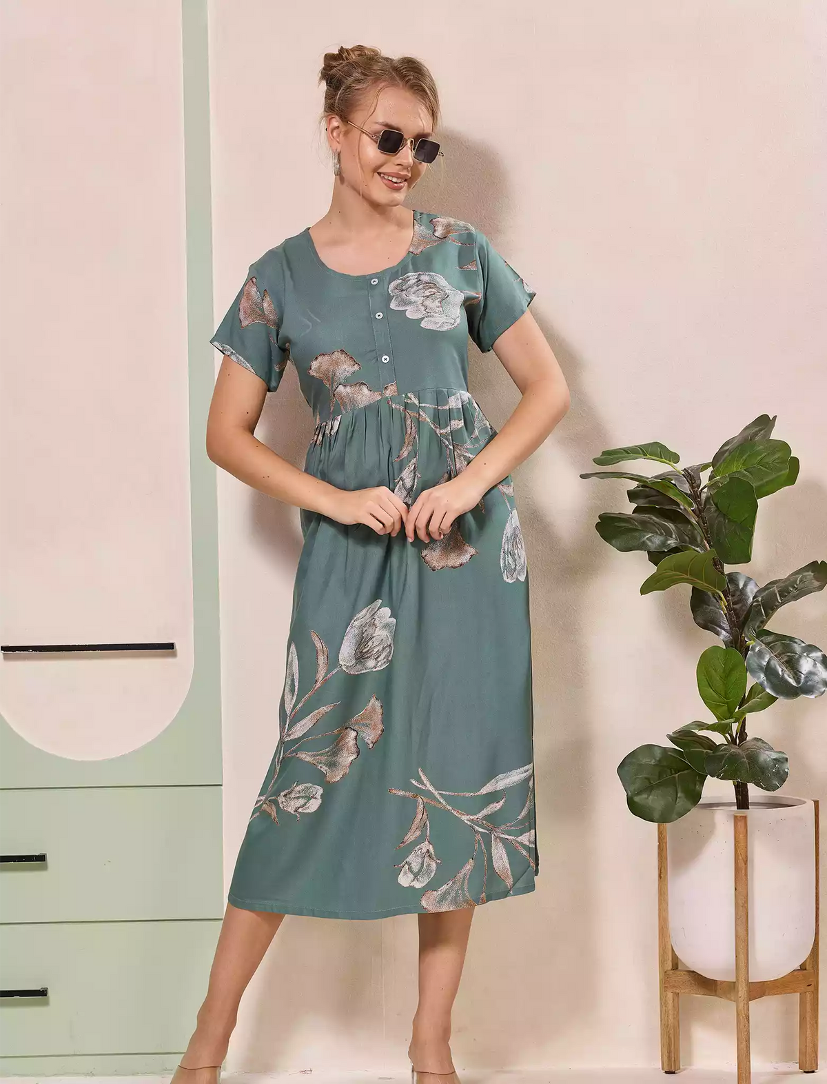 Floral Print Regular Sleeve Button Maxi Styling with Pocket | Mangai Nighties