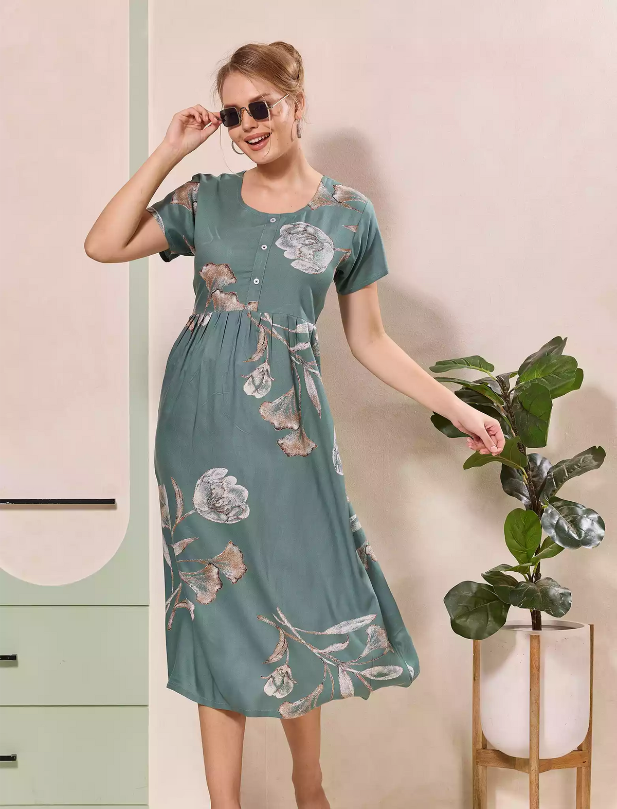 Floral Print Regular Sleeve Button Maxi Styling with Pocket | Mangai Nighties