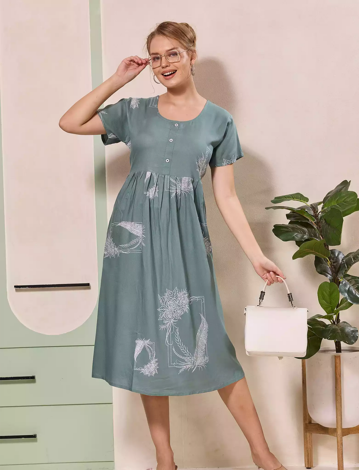 Floral Leaf Print Regular Sleeve Flared Maxi Casual Style | Mangai Nighties