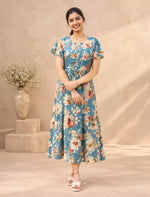 Rayon Floral Foil Print Double Layer Sleeve Maxi with Side Pocket | Mangai Nighties