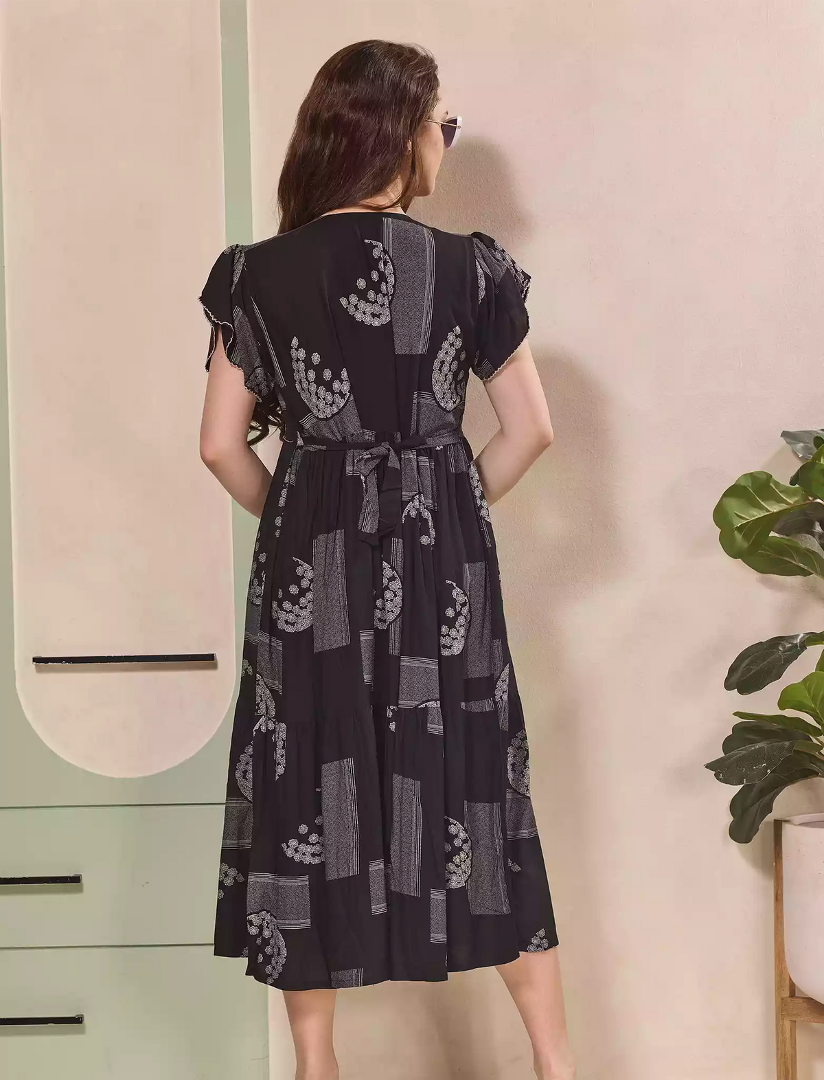 Geometric Print Petal Sleeve Maxi Dress with Back Tie | Mangai Nighties