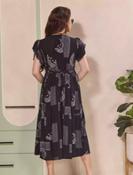 Geometric Print Petal Sleeve Maxi Dress with Back Tie | Mangai Nighties