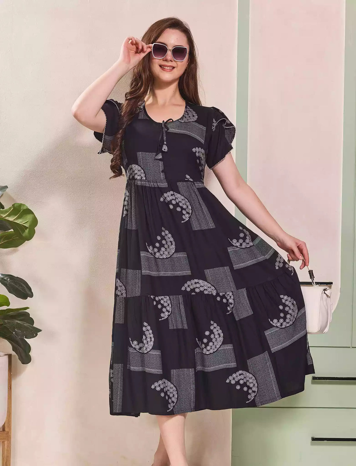 Geometric Print Petal Sleeve Maxi Dress with Back Tie | Mangai Nighties
