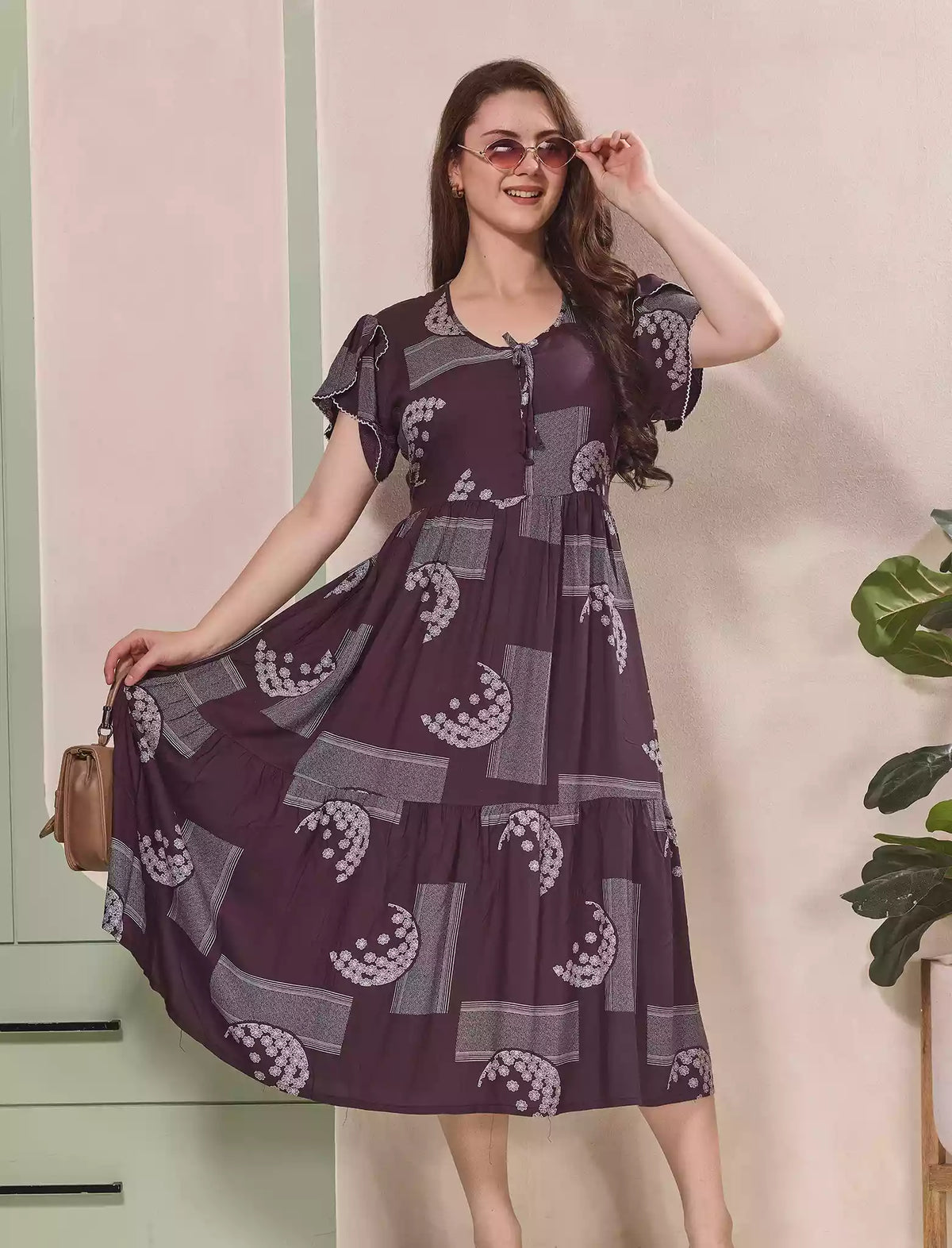 Geometric Print Petal Sleeve Maxi Dress with Back Tie | Mangai Nighties