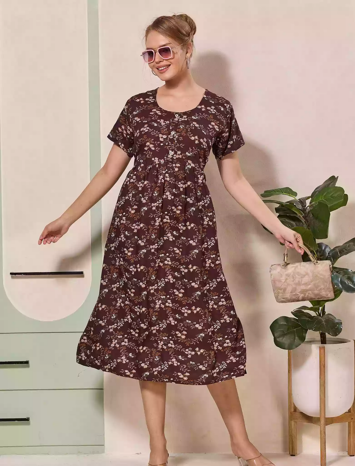 Floral Printed Regular Sleeve Button Front Maxi | Mangai Nighties
