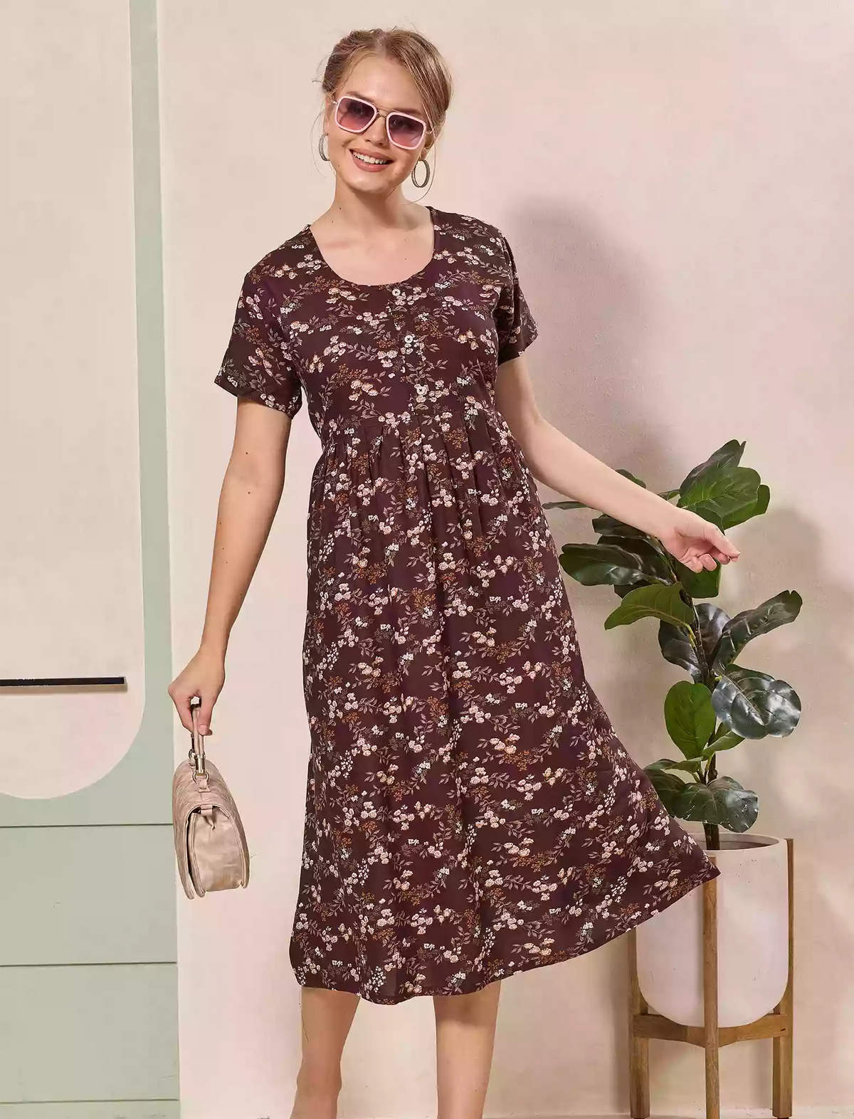 Floral Printed Regular Sleeve Button Front Maxi | Mangai Nighties