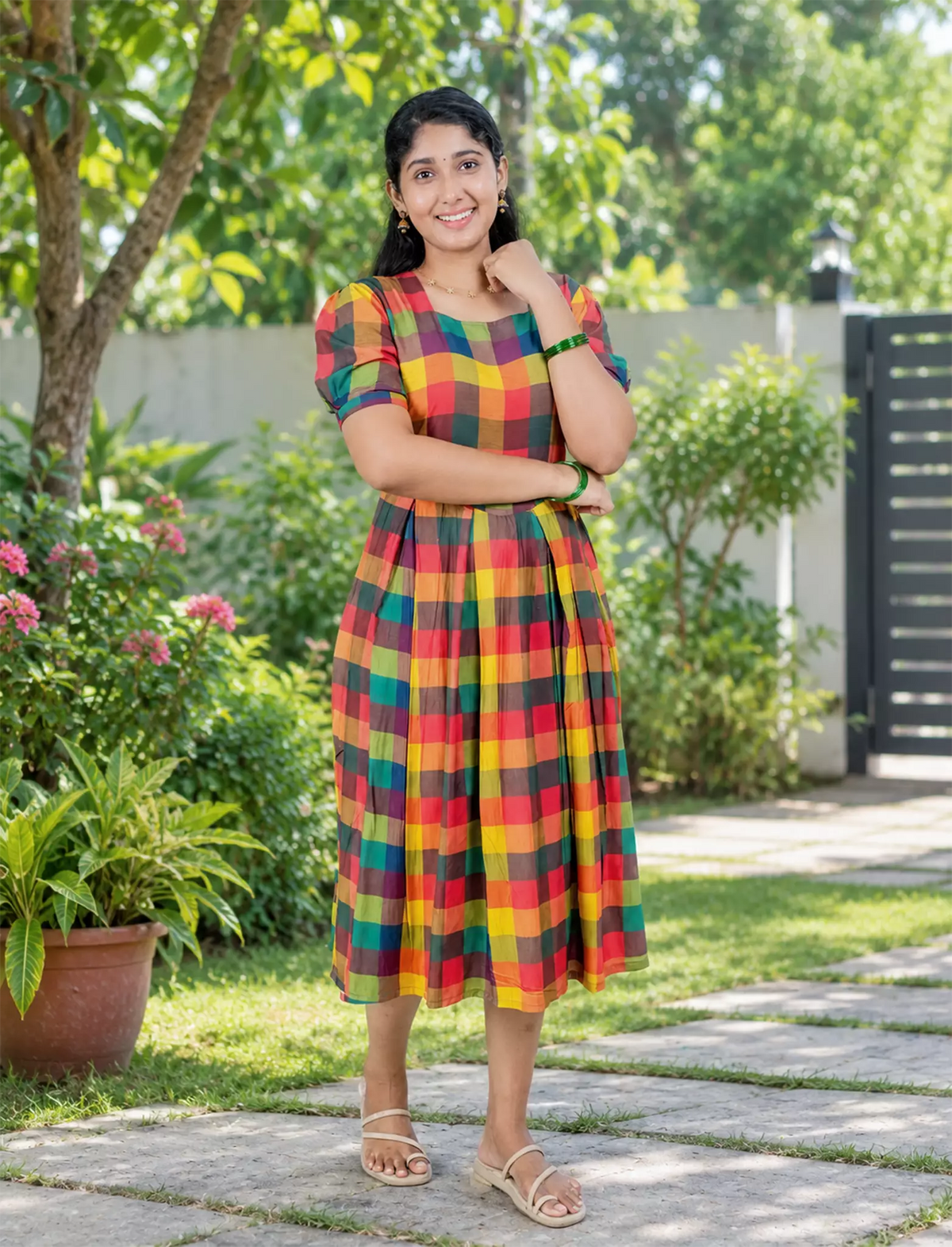 Rayon Vibrant Multicolour Madras Checks Maxi Frock with Back Tie Rope - Mangai Nighties