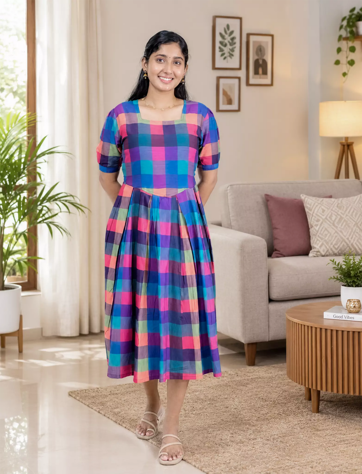 Rayon Rainbow Madras Checks Maxi Frock with Puff Sleeve - Mangai Nighties