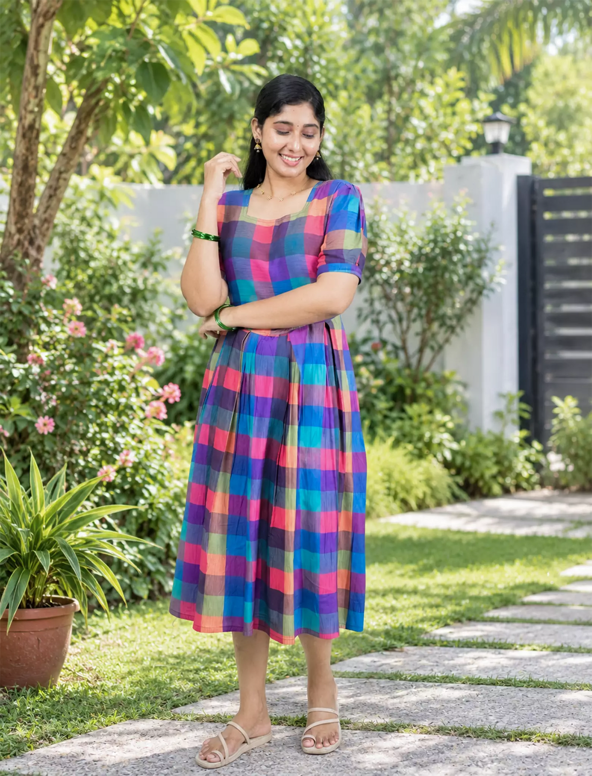 Rayon Rainbow Madras Checks Maxi Frock with Puff Sleeve - Mangai Nighties