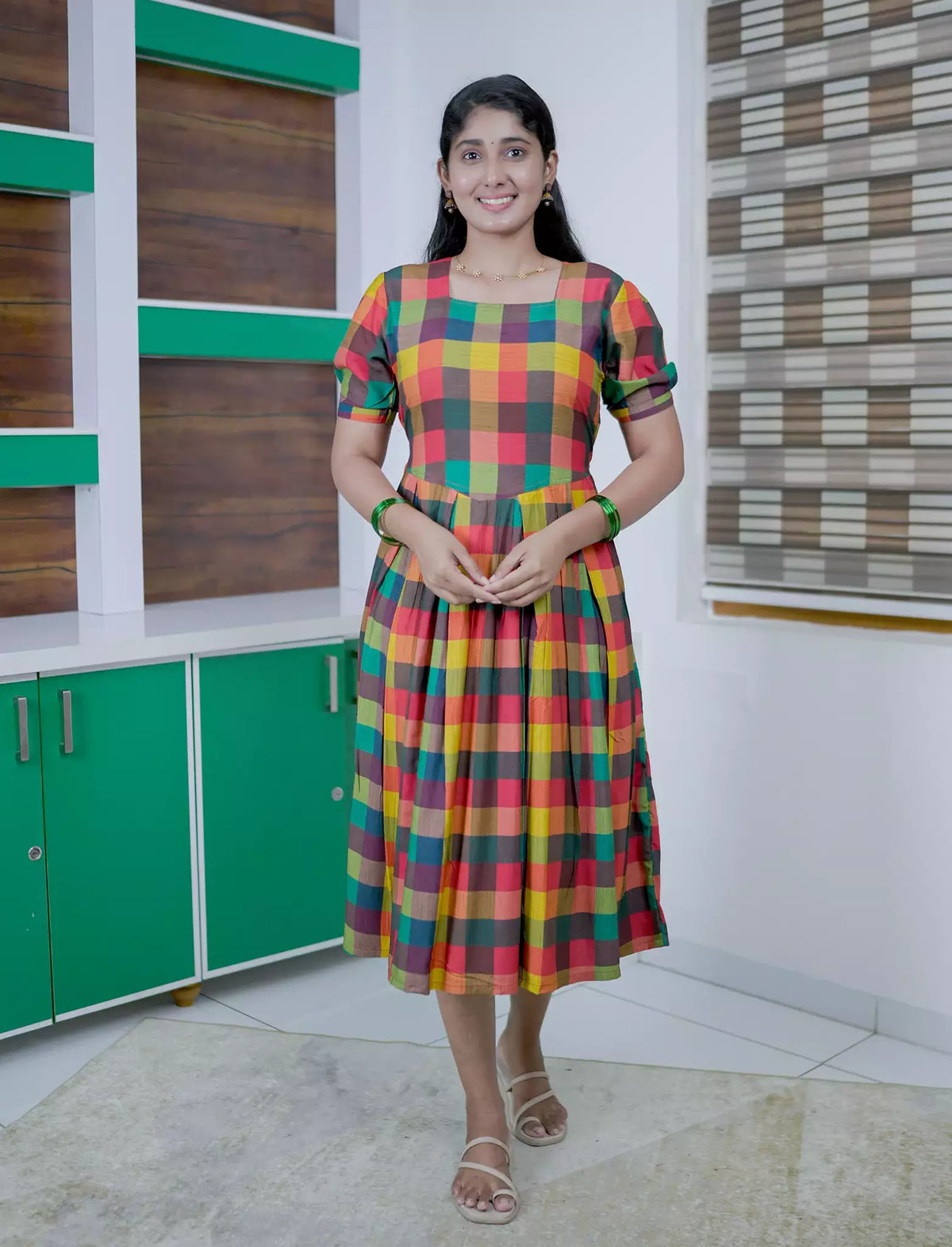 Rayon Vibrant Multicolour Madras Checks Maxi Frock with Back Tie Rope - Mangai Nighties