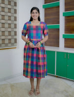 Rayon Rainbow Madras Checks Maxi Frock with Puff Sleeve - Mangai Nighties