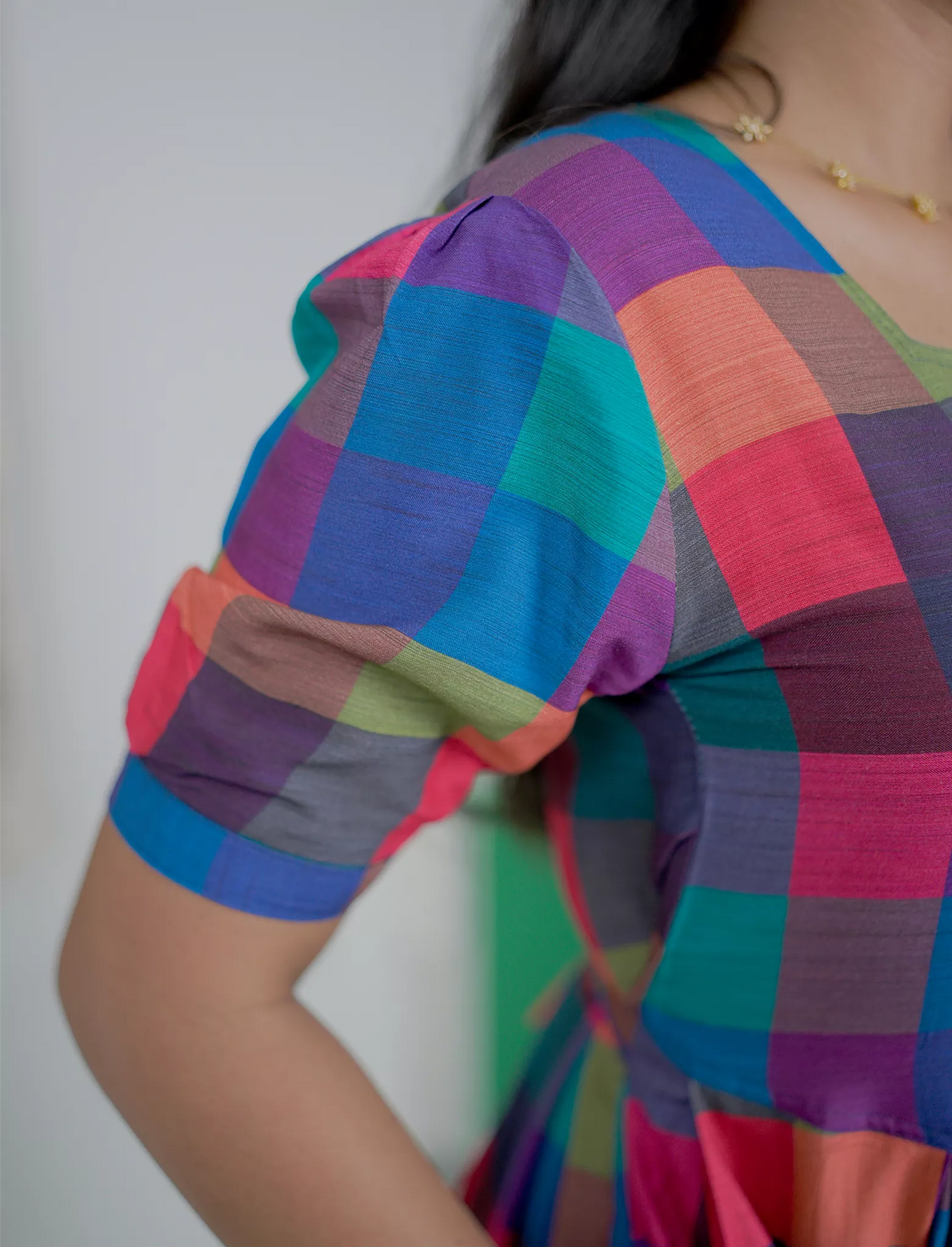 Rayon Rainbow Madras Checks Maxi Frock with Puff Sleeve - Mangai Nighties