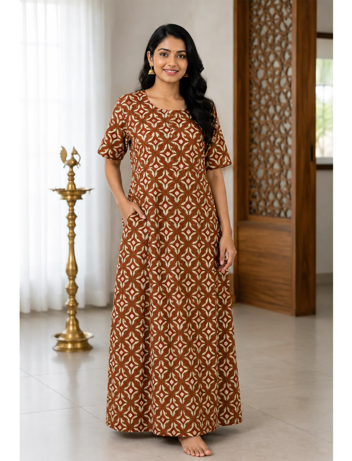MANGAI Premium Cotton Printed Pleated Model Half Sleeve 3XL Size Nighties With Fancy Neck | With Side Pocket