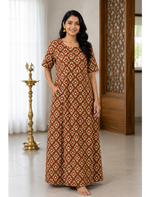 MANGAI Premium Cotton Printed Pleated Model Half Sleeve 3XL Size Nighties With Fancy Neck | With Side Pocket