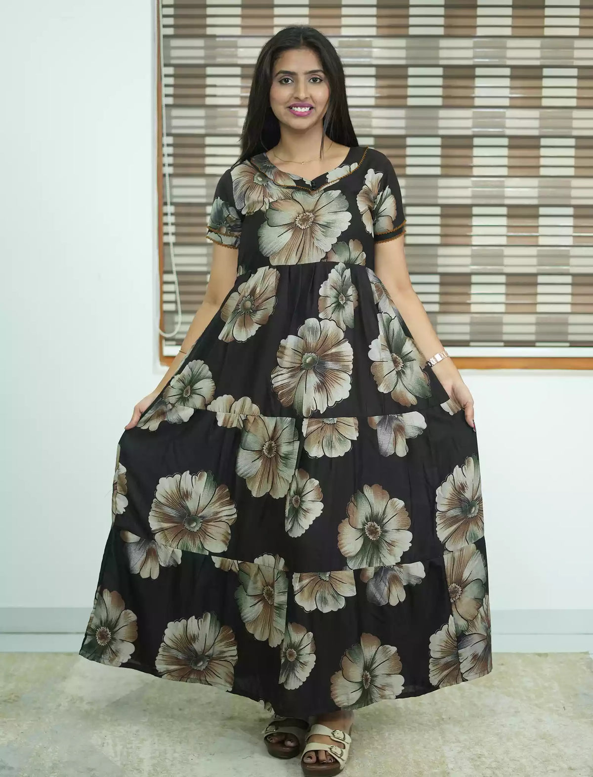 Alpine Floral Print 3 Layer Frock with Back Tie - Mangai Nighties