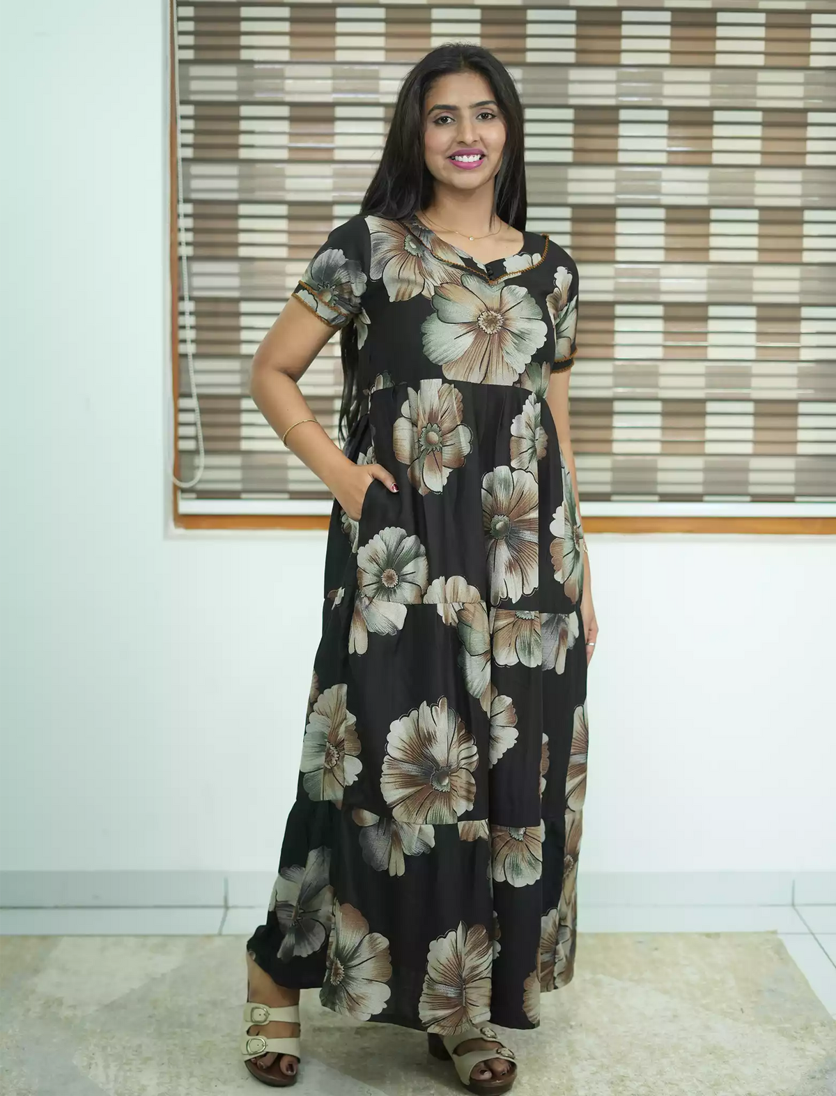 Alpine Floral Print 3 Layer Frock with Back Tie - Mangai Nighties