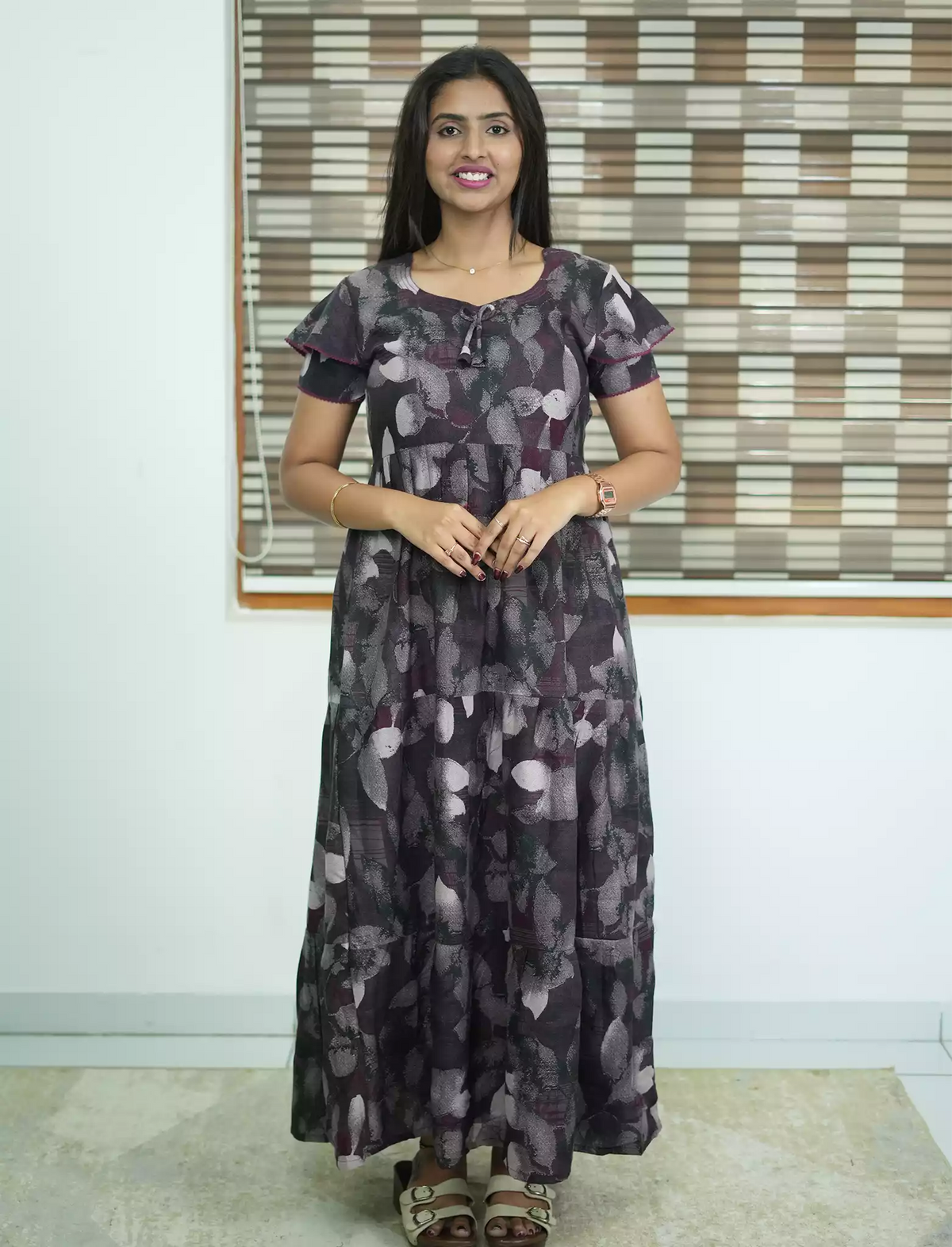 Alpine Abstract Leaf Print 3 Layer Frock - Mangai Nighties