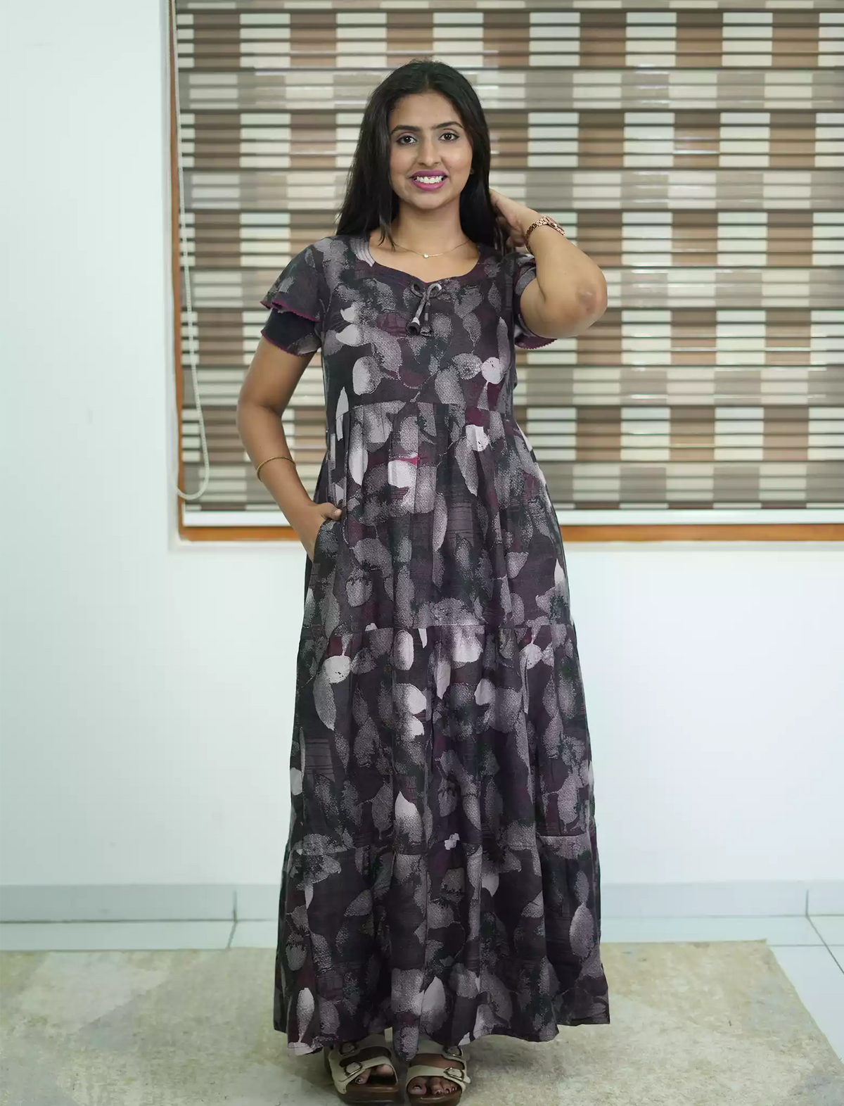 Alpine Abstract Leaf Print 3 Layer Frock - Mangai Nighties