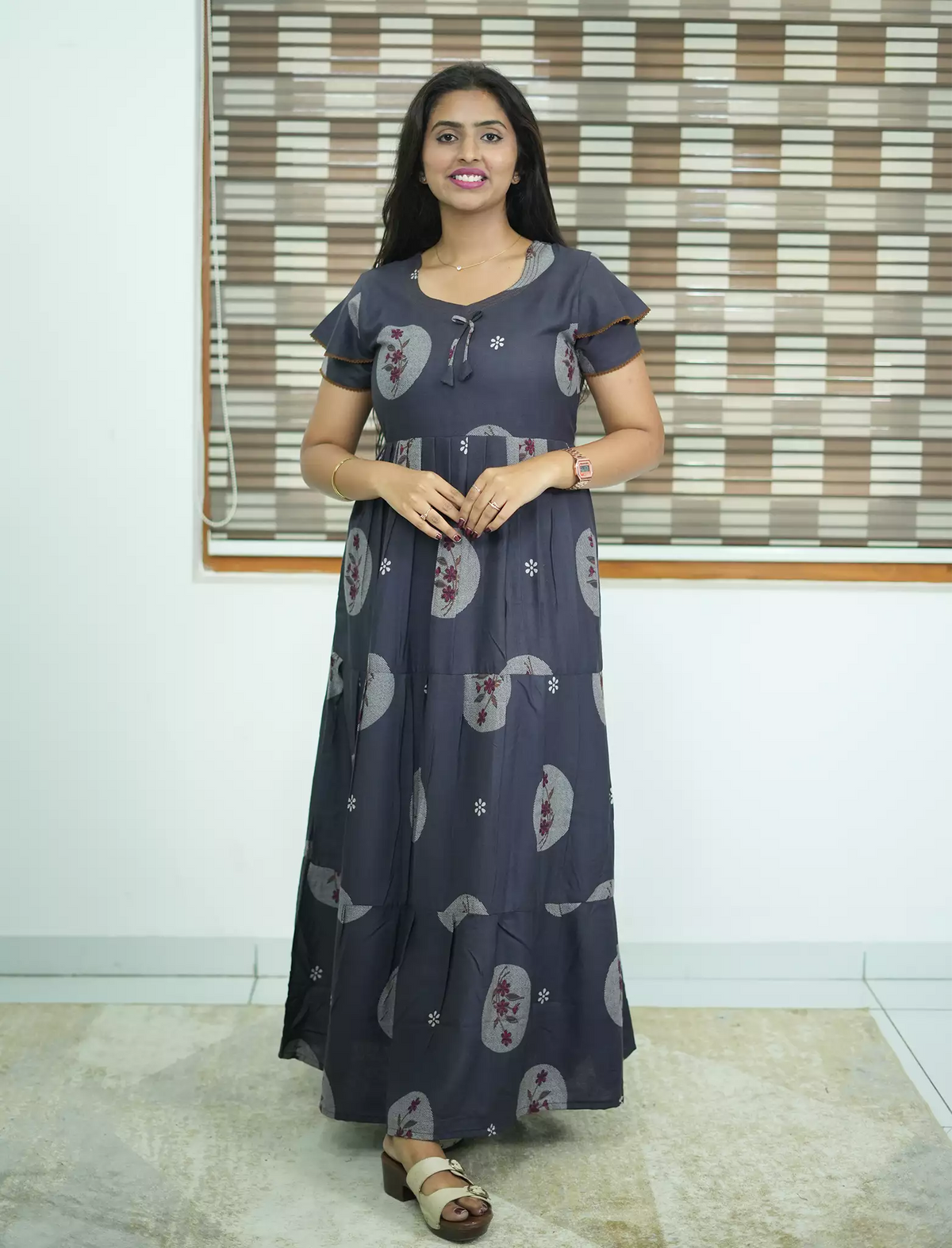 Alpine Circular Floral Print 3 Layer Frock - Mangai Nighties