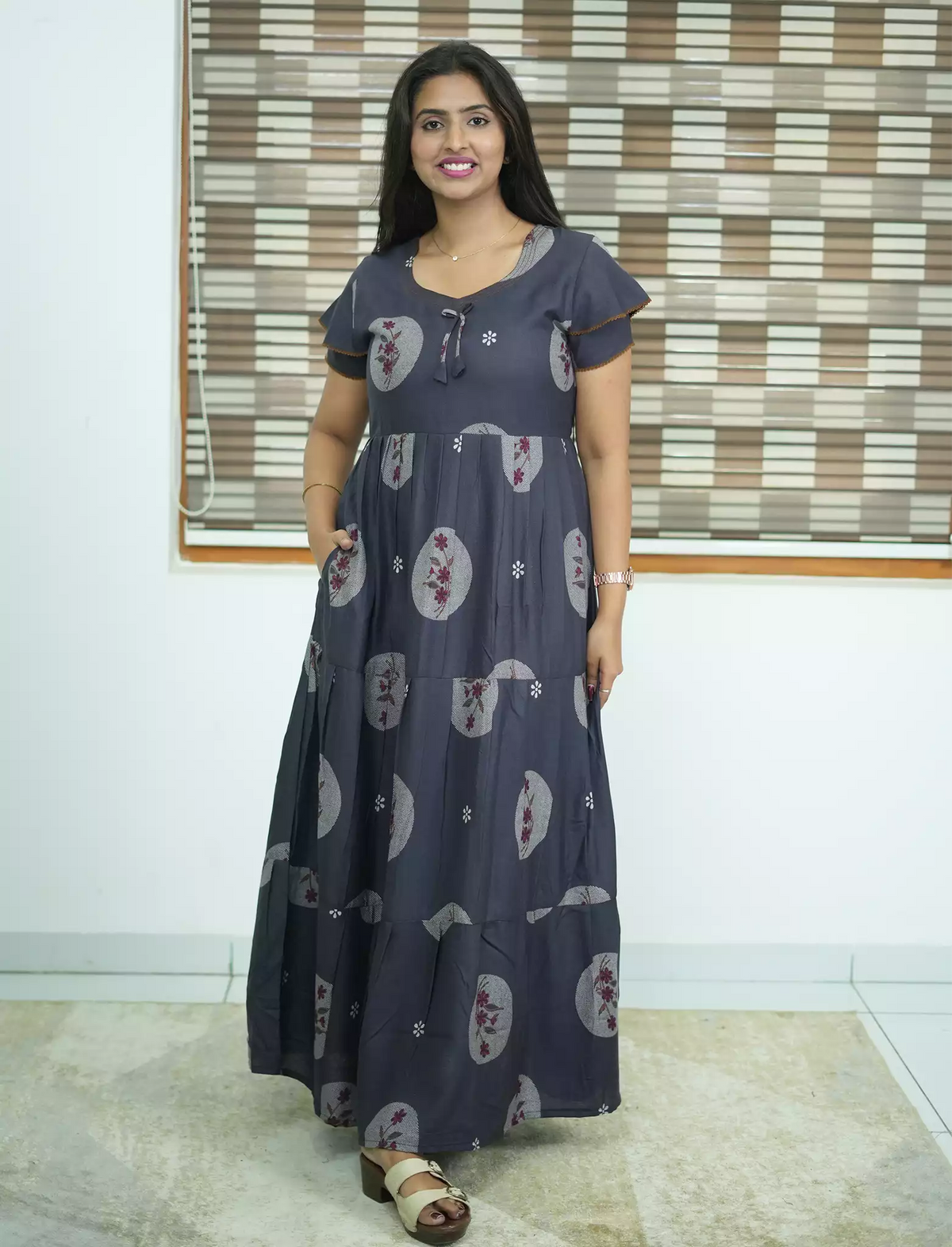 Alpine Circular Floral Print 3 Layer Frock - Mangai Nighties