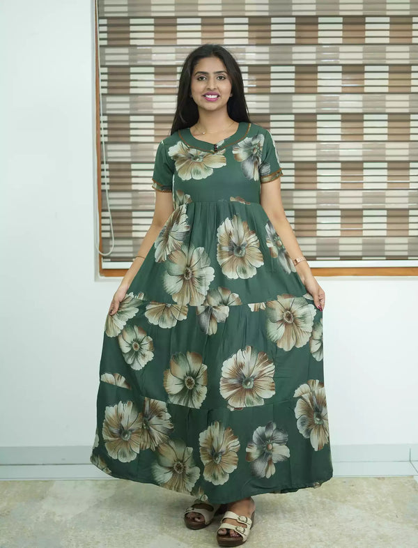 Alpine Floral Print 3 Layer Frock with Back Tie - Mangai Nighties