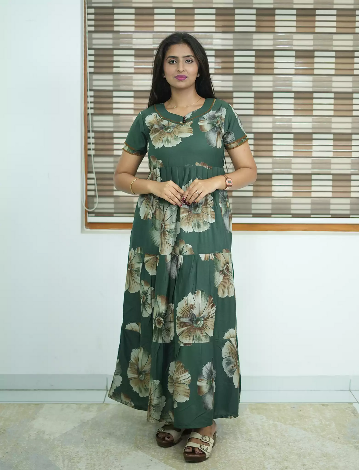 Alpine Floral Print 3 Layer Frock with Back Tie - Mangai Nighties