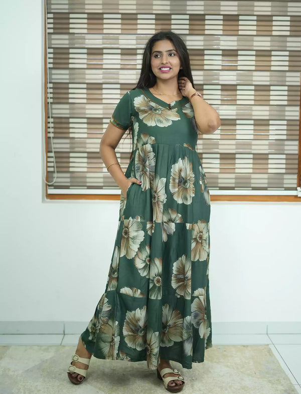 Alpine Floral Print 3 Layer Frock with Back Tie - Mangai Nighties