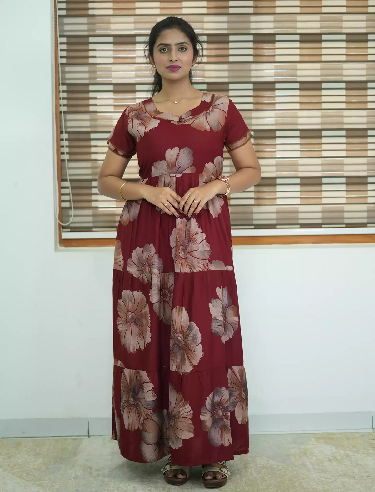 Alpine Floral Print 3 Layer Frock with Back Tie - Mangai Nighties
