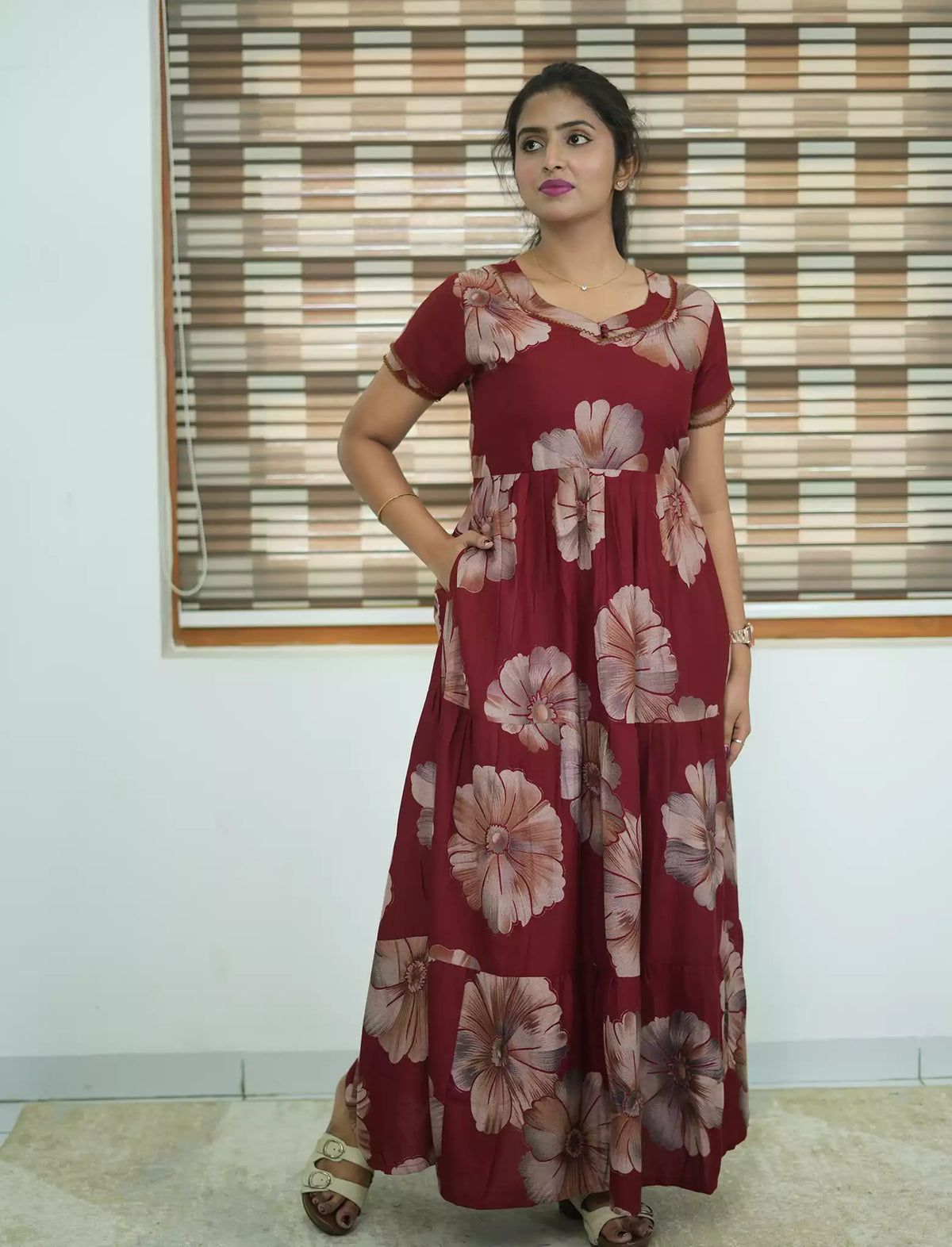 Alpine Floral Print 3 Layer Frock with Back Tie - Mangai Nighties