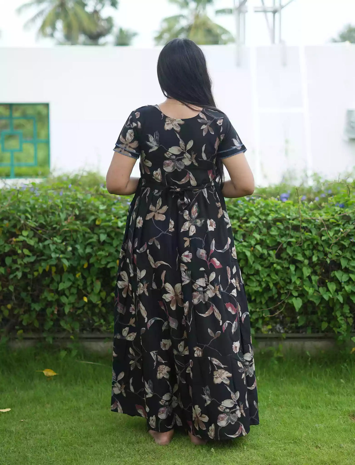 Alpine Floral Print 3 Layer Full Frock with Back Tie - Mangai Nighties