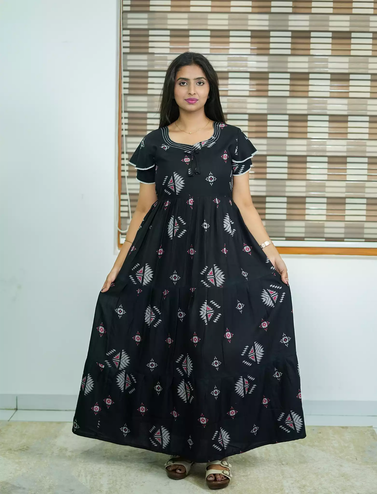 Alpine Geometric Print 3 Layer Frock - Mangai Nighties
