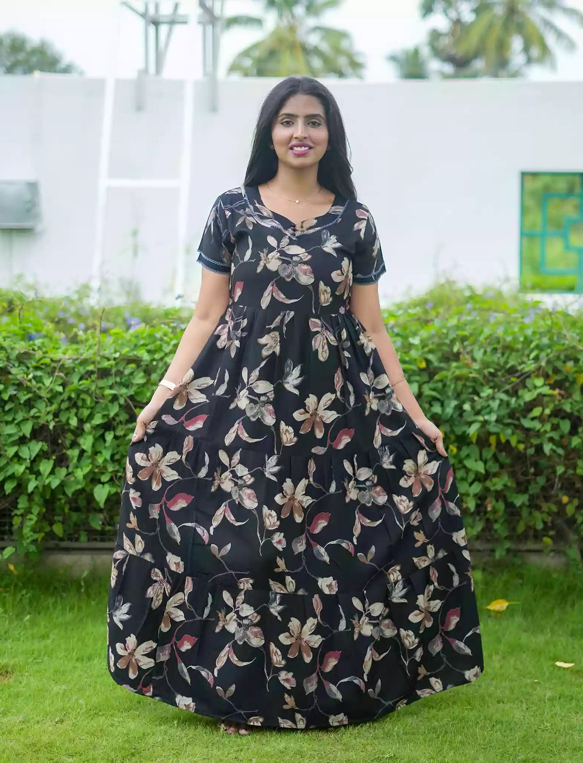 Alpine Floral Print 3 Layer Full Frock with Back Tie - Mangai Nighties