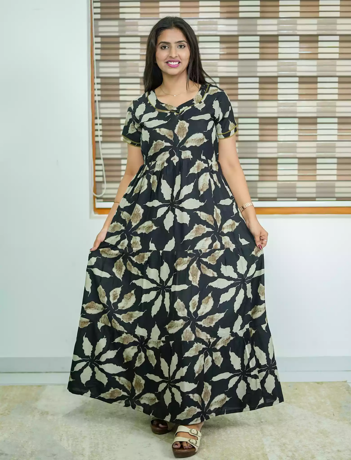 Alpine Tropical Leaf Print 3 Layer Frock with Back Tie - Mangai Nighties