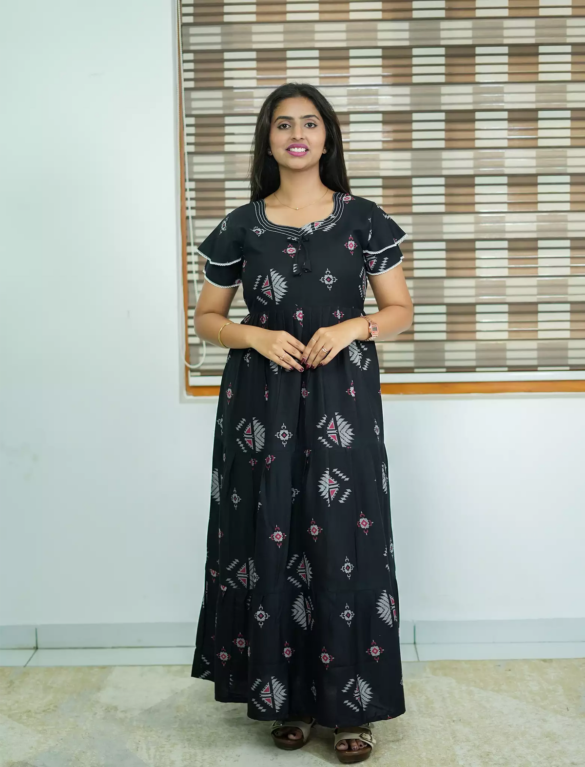 Alpine Geometric Print 3 Layer Frock - Mangai Nighties