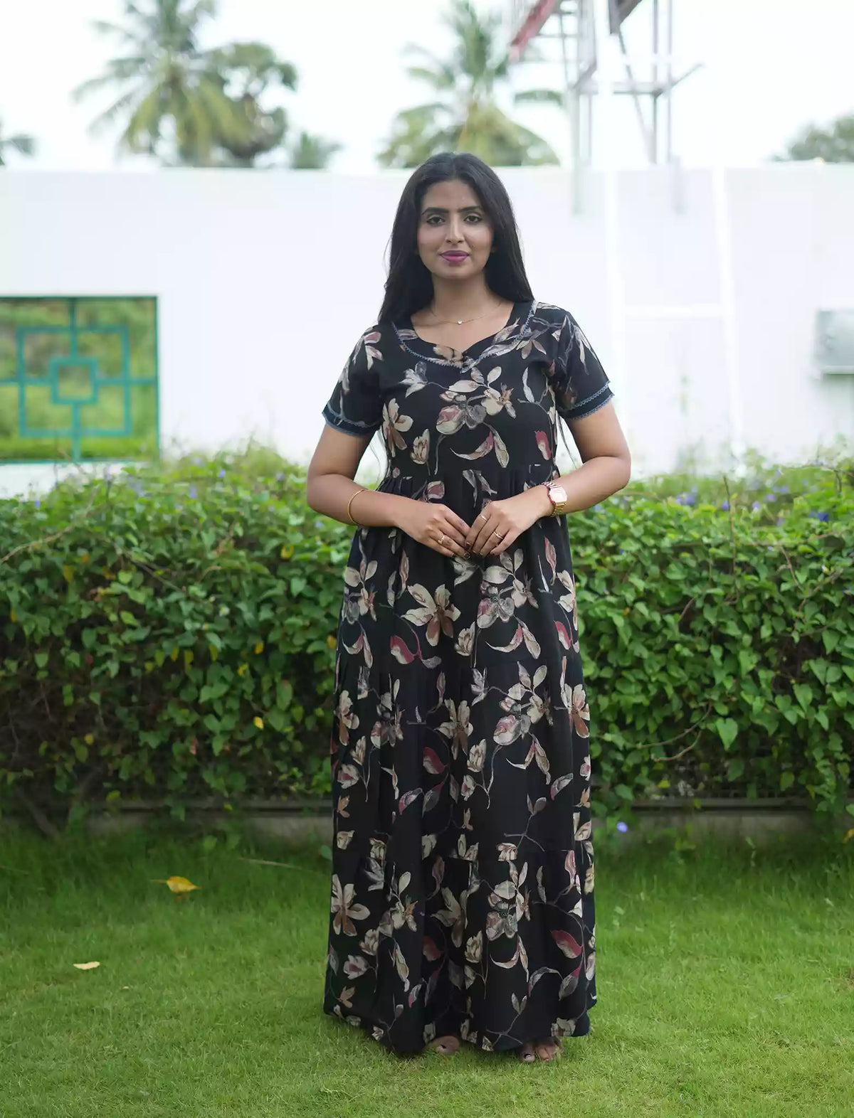 Alpine Floral Print 3 Layer Full Frock with Back Tie - Mangai Nighties