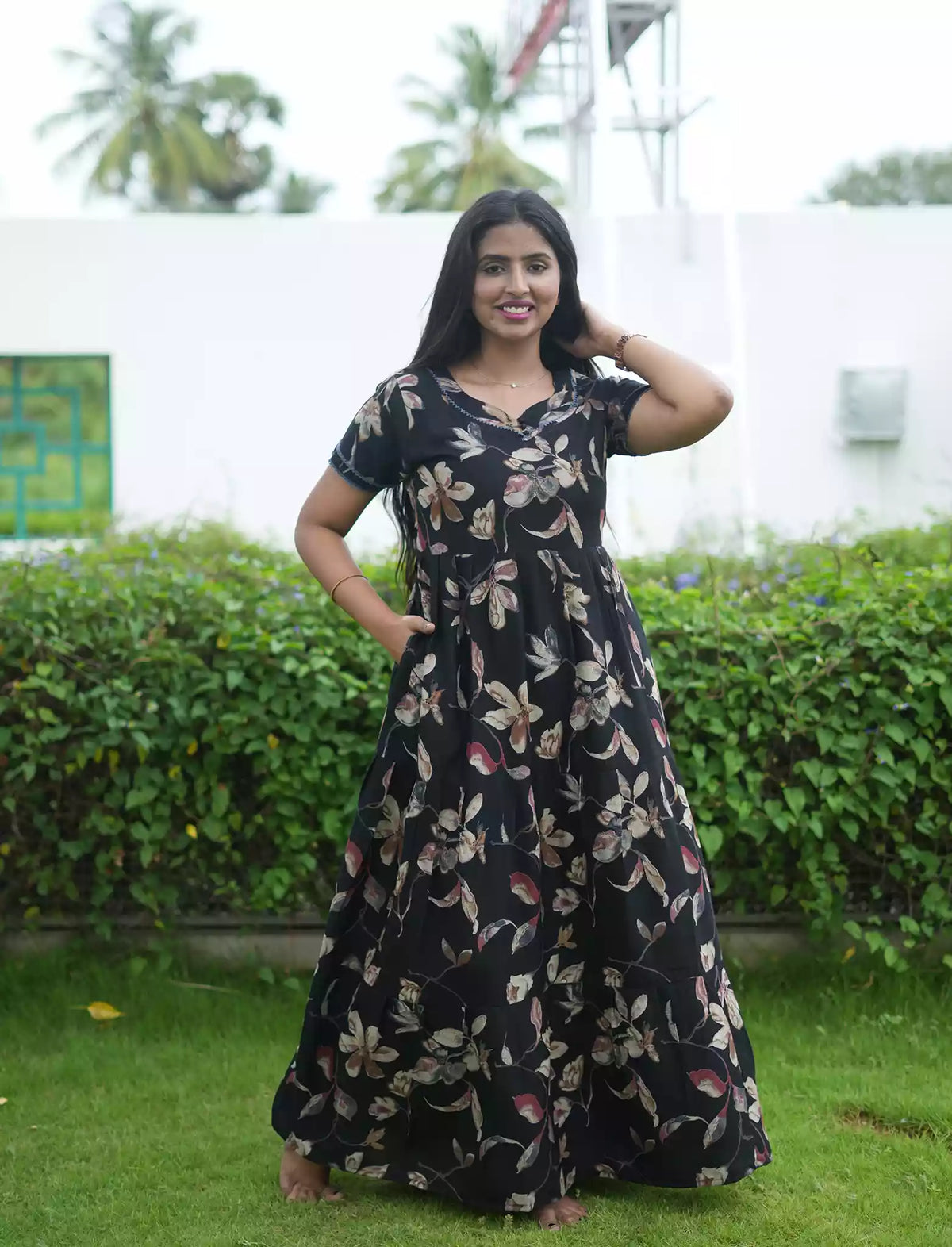 Alpine Floral Print 3 Layer Full Frock with Back Tie - Mangai Nighties
