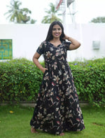 Alpine Floral Print 3 Layer Full Frock with Back Tie - Mangai Nighties