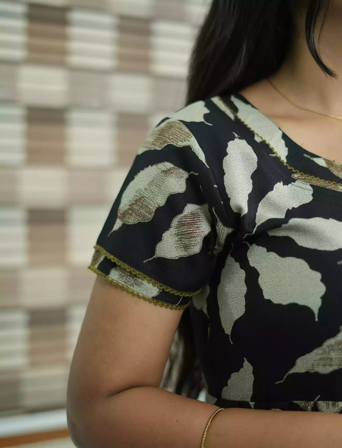 Alpine Tropical Leaf Print 3 Layer Frock with Back Tie - Mangai Nighties