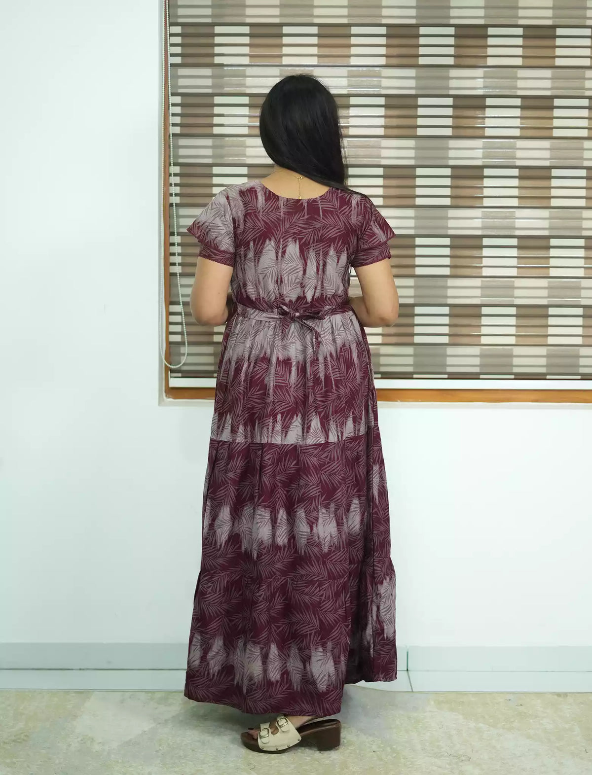 Alpine Leaf Print 3 Layer Frock | Back Tie - Mangai Nighties