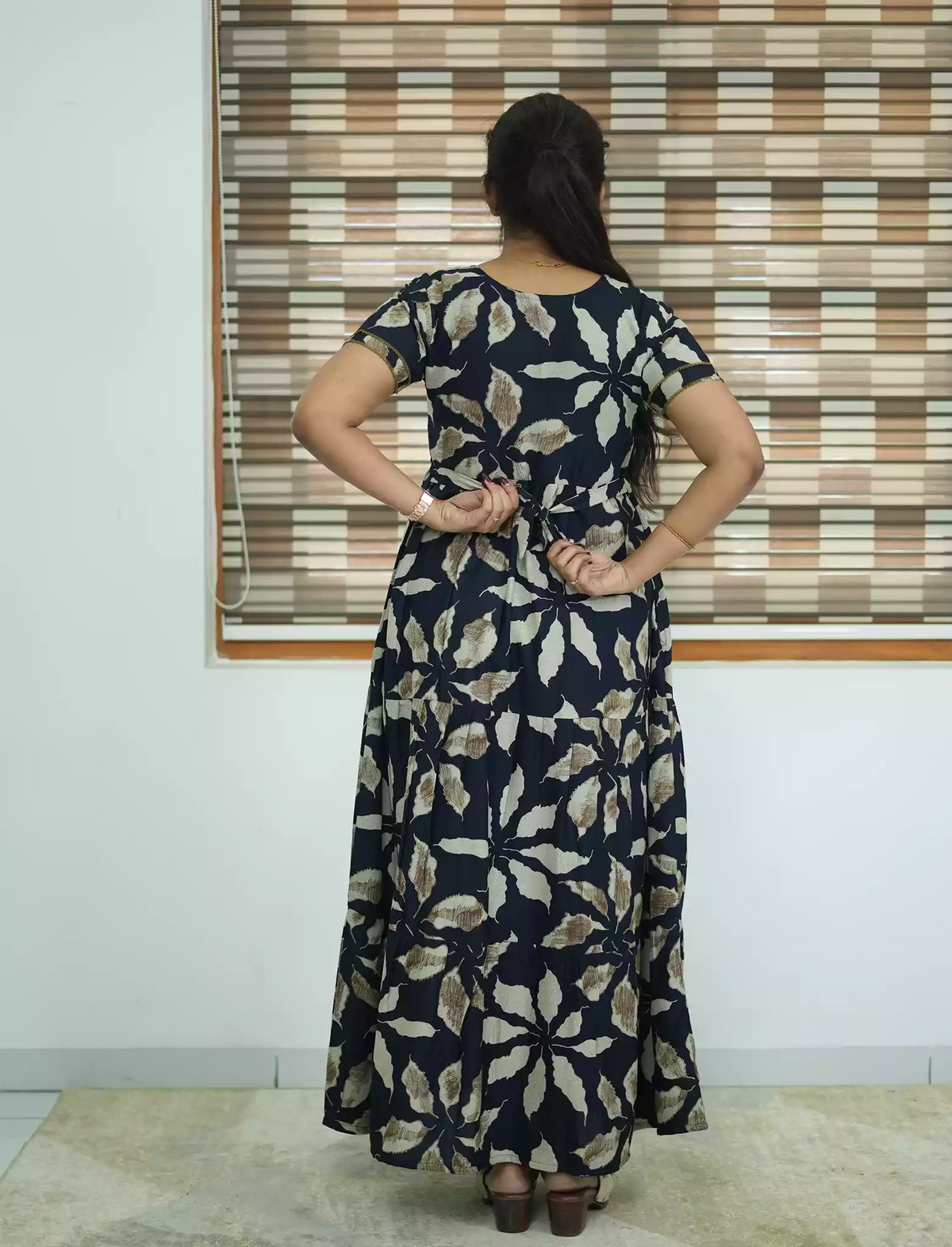 Alpine Tropical Leaf Print 3 Layer Frock with Back Tie - Mangai Nighties