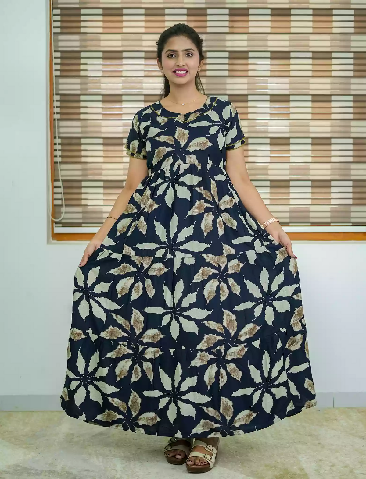 Alpine Tropical Leaf Print 3 Layer Frock with Back Tie - Mangai Nighties