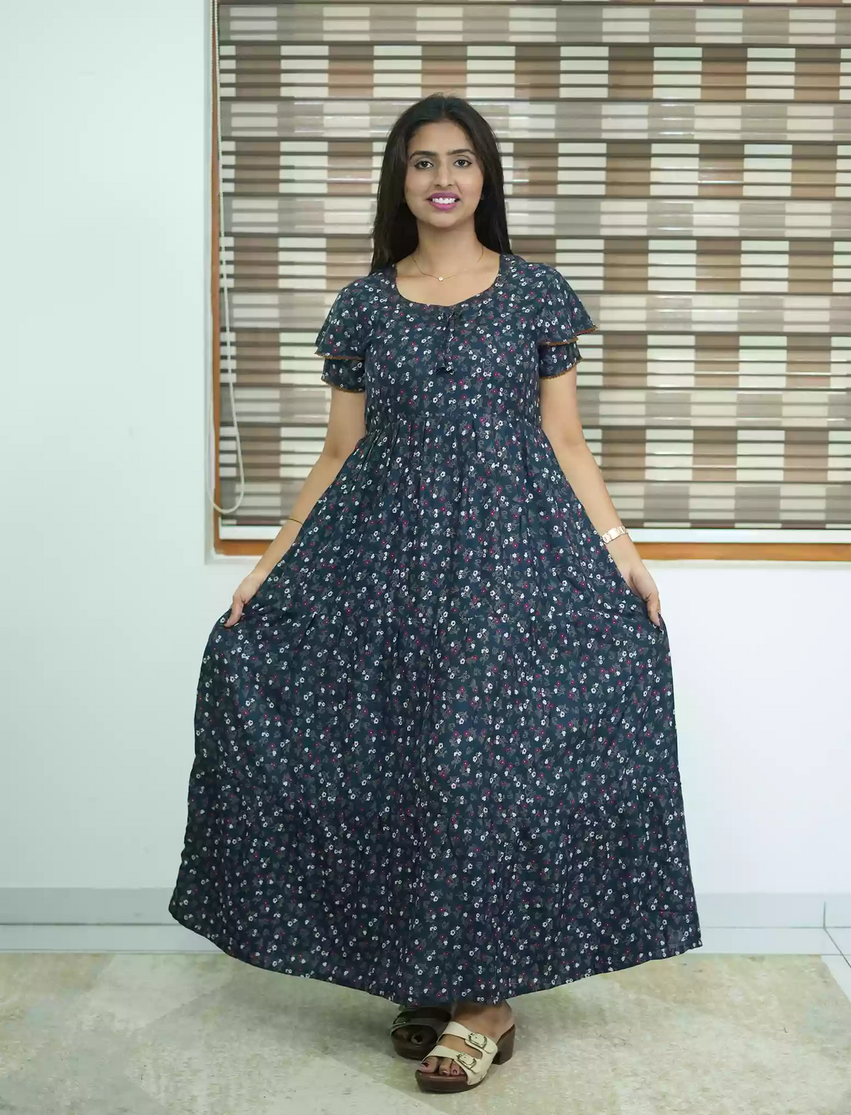 Alpine Tiny Floral Print 3 Layer Frock - Mangai Nighties